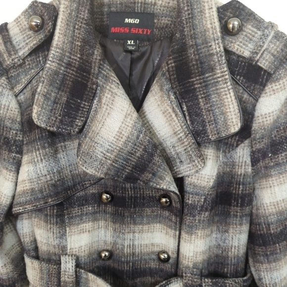 Vintage Y2K Wool Blend Miss Sixty Belted Plaid Faux Leather Trim Coat - Picture 12 of 16